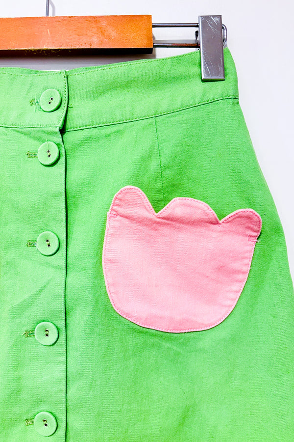 Jupe verte et rose en denim seconde main - Smak Parlour- La Penderie du Paradis