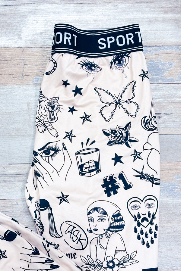 Legging beige à étrier imprimé tatouages seconde main - SHEIN- La Penderie du Paradis