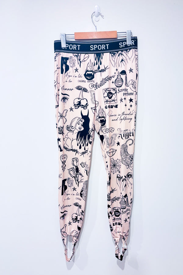 Legging beige à étrier imprimé tatouages seconde main - SHEIN- La Penderie du Paradis