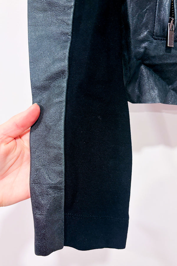 Veste courte en cuir gris-vert à col drapé* seconde main - BCBG Maxazria- La Penderie du Paradis
