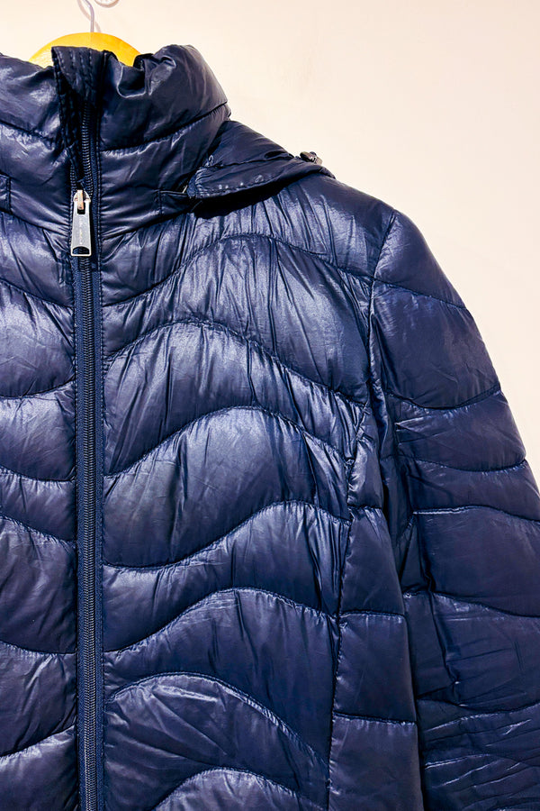 Manteau puffer mauve long en duvet seconde main - Andrew Marc- La Penderie du Paradis