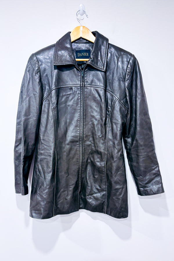 Manteau en cuir charcoal mi-long * seconde main - Danier- La Penderie du Paradis