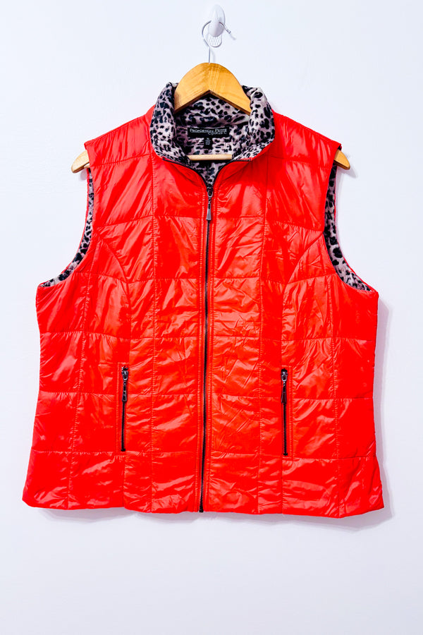 Veste sans manches matelassée orange intérieur léopard seconde main - Proportion Petite / Conrad C- La Penderie du Paradis