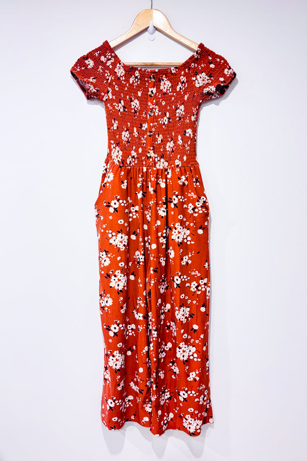 Jumpsuit orange brûlé fleuri épaules dénudées avec jambes amples (m)-Ardene-La Penderie du Paradis 🕊