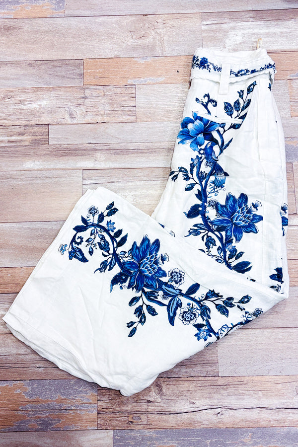 Pantalon crème et bleu fleuri en lin avec jambe ample (s)*-FARM Rio-La Penderie du Paradis 🕊
