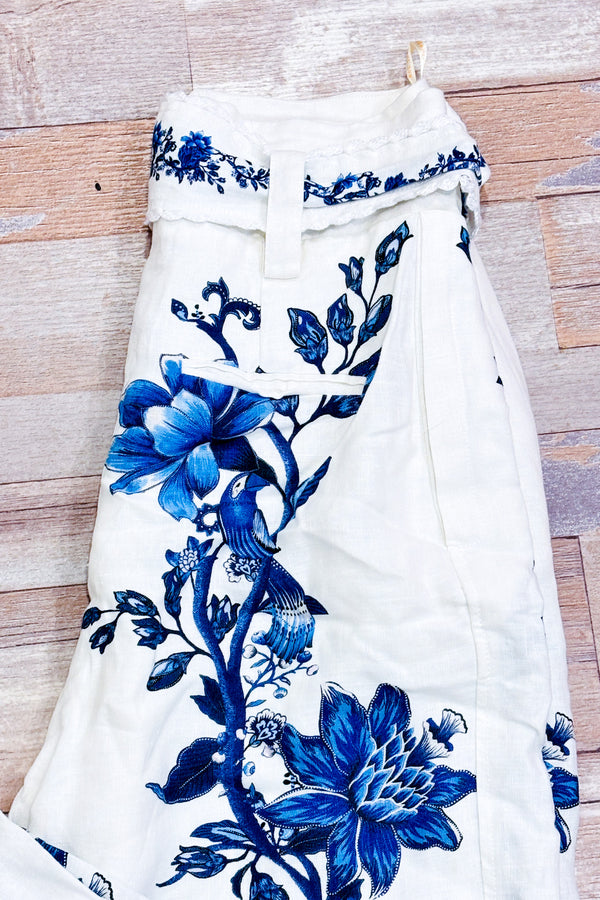 Pantalon crème et bleu fleuri en lin avec jambe ample (s)*-FARM Rio-La Penderie du Paradis 🕊
