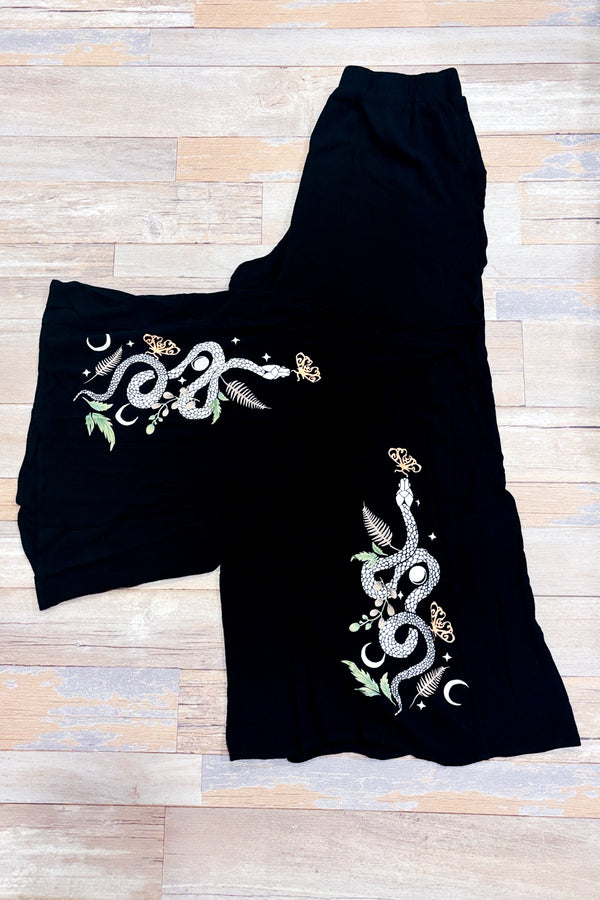 Pantalon large noir gothique à imprimé serpent et plantes seconde main - Romwe- La Penderie du Paradis