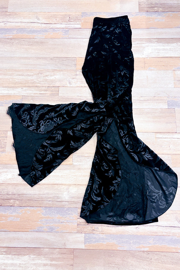 Pantalon en velours noir fleuri avec dentelle seconde main - SHEIN- La Penderie du Paradis