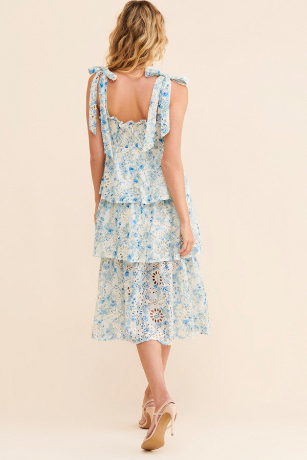 Robe midi bleue fleurie à volants Claire (s)-En Saison-La Penderie du Paradis 🕊