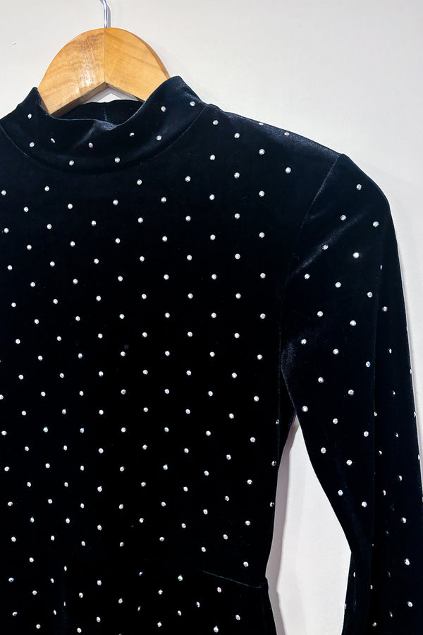 Robe noire en velours avec diamants et col haut (xs) seconde main H&M 