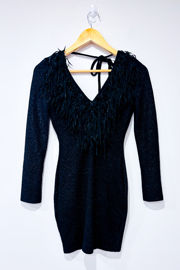 Robe noire dos ouvert à franges seconde main - Flamingo- La Penderie du Paradis