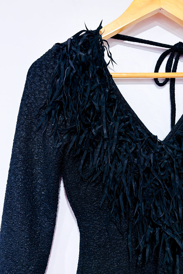 Robe noire dos ouvert à franges seconde main - Flamingo- La Penderie du Paradis