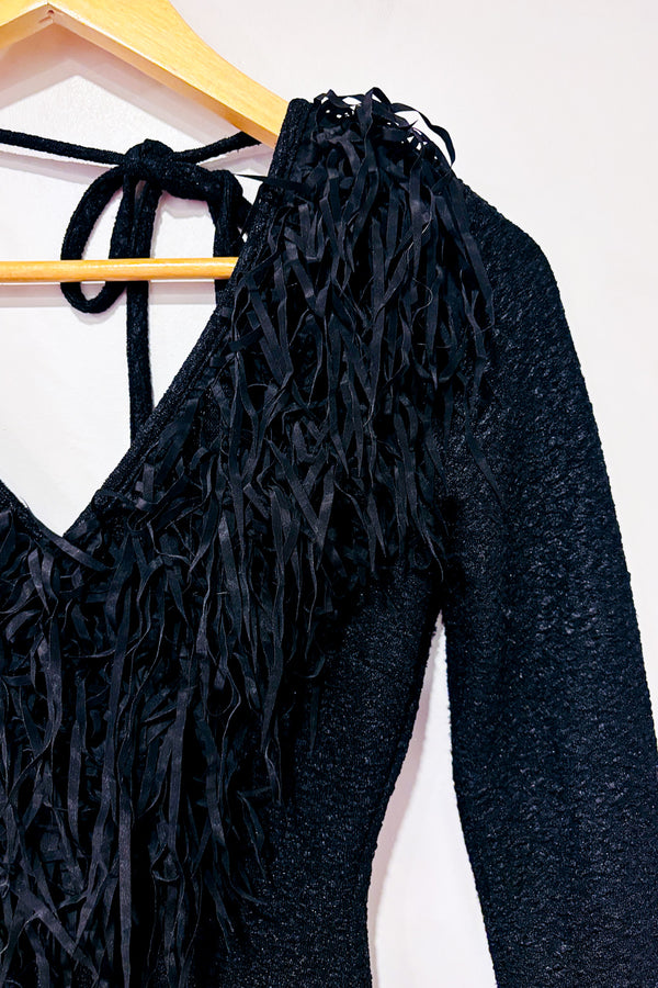 Robe noire dos ouvert à franges seconde main - Flamingo- La Penderie du Paradis
