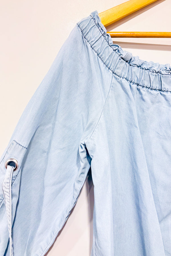 Robe bleue style denim épaules dénudées seconde main - Zara- La Penderie du Paradis
