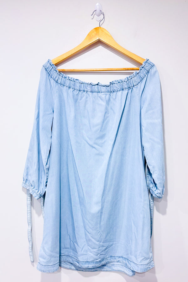 Robe bleue style denim épaules dénudées seconde main - Zara- La Penderie du Paradis