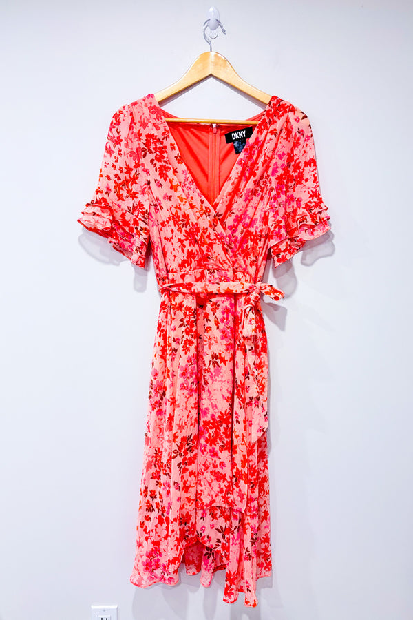 Robe midi fluide rose fleurie cache-coeur * seconde main - DKNY- La Penderie du Paradis