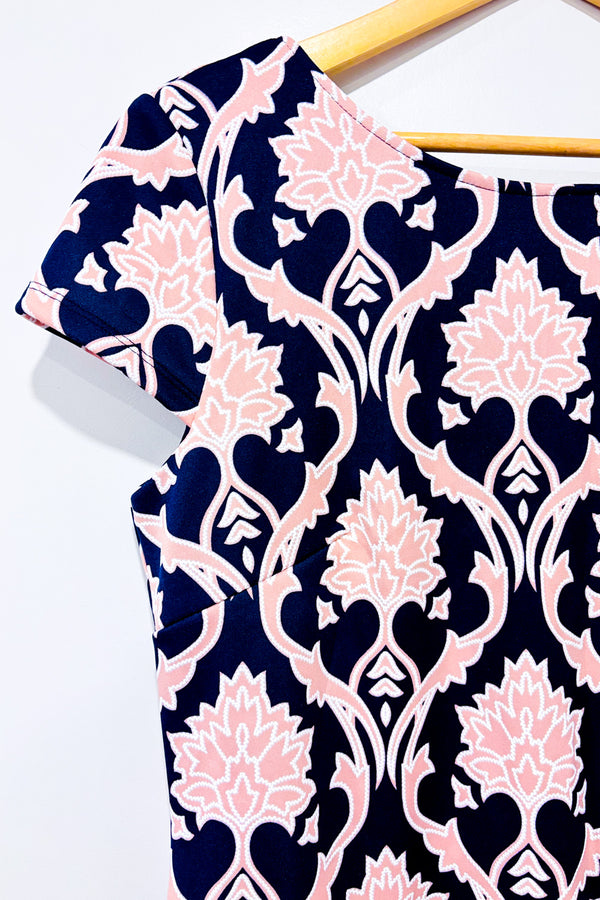 Robe droite marine et rose fleurie* seconde main - Ronnie Nicole- La Penderie du Paradis