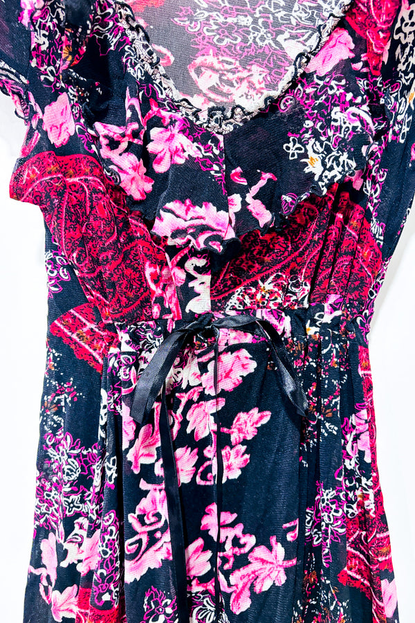 Robe semi-transparente rouge et noire fleurie* seconde main - Terra Nostra- La Penderie du Paradis