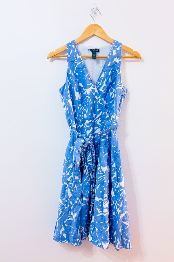 Robe midi portefeuille en lin bleu à imprimé floral* seconde main - Ralph Lauren- La Penderie du Paradis