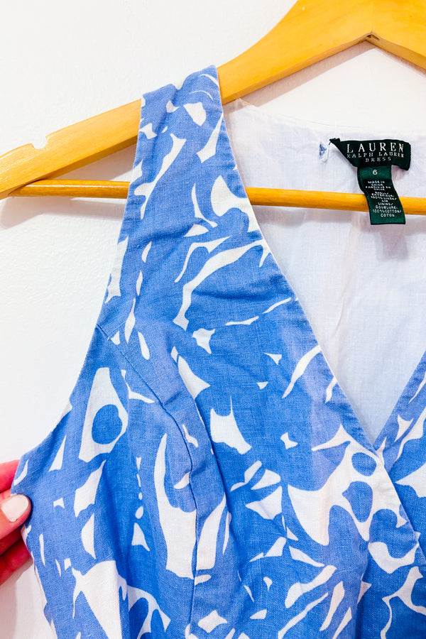 Robe midi portefeuille en lin bleu à imprimé floral* seconde main - Ralph Lauren- La Penderie du Paradis