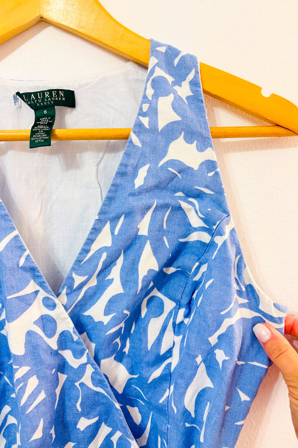 Robe midi portefeuille en lin bleu à imprimé floral* seconde main - Ralph Lauren- La Penderie du Paradis