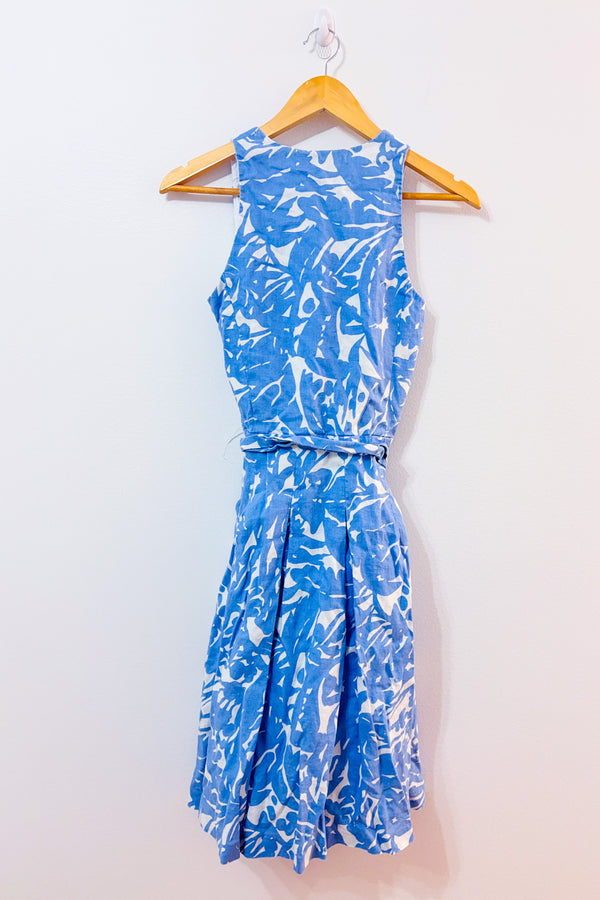 Robe midi portefeuille en lin bleu à imprimé floral* seconde main - Ralph Lauren- La Penderie du Paradis