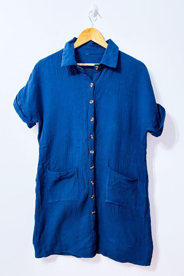 Robe chemise bleue gaufrée en coton et lin seconde main - Autres- La Penderie du Paradis