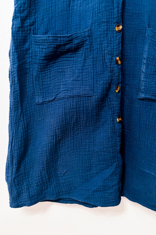 Robe chemise bleue gaufrée en coton et lin seconde main - Autres- La Penderie du Paradis
