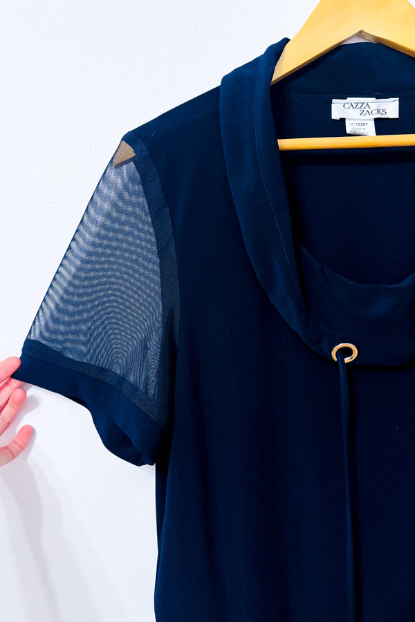 Robe marine à col drapé et manches transparentes* seconde main - Cazza Petite- La Penderie du Paradis
