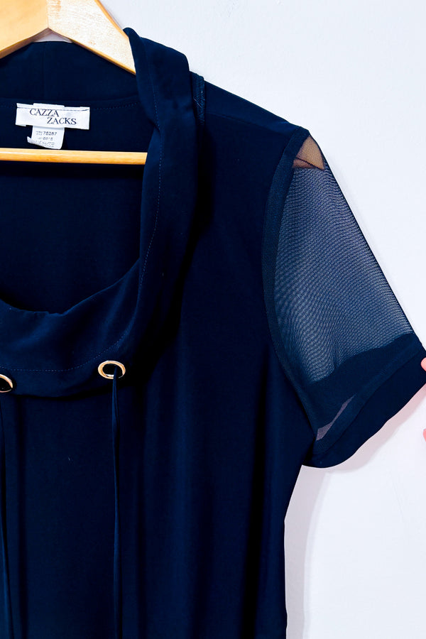 Robe marine à col drapé et manches transparentes* seconde main - Cazza Petite- La Penderie du Paradis