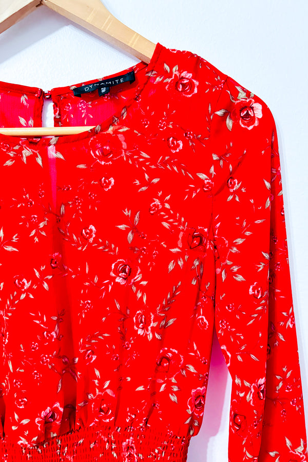Robe rouge fleurie à manches longues et taille smockée* seconde main - Dynamite- La Penderie du Paradis