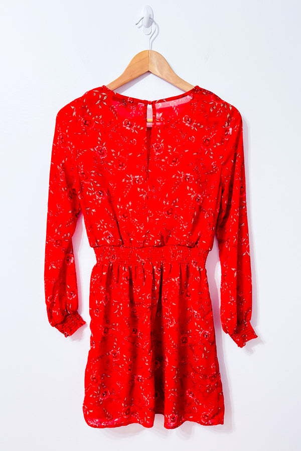 Robe rouge fleurie à manches longues et taille smockée* seconde main - Dynamite- La Penderie du Paradis