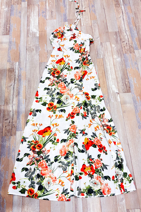 Robe maxi blanche fleurie avec froufrou (s)-Pretty Little Things-La Penderie du Paradis 🕊