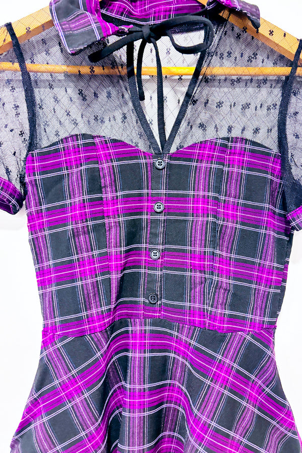 Robe mauve et noire à carreaux avec maille* seconde main - Unique Vintage- La Penderie du Paradis