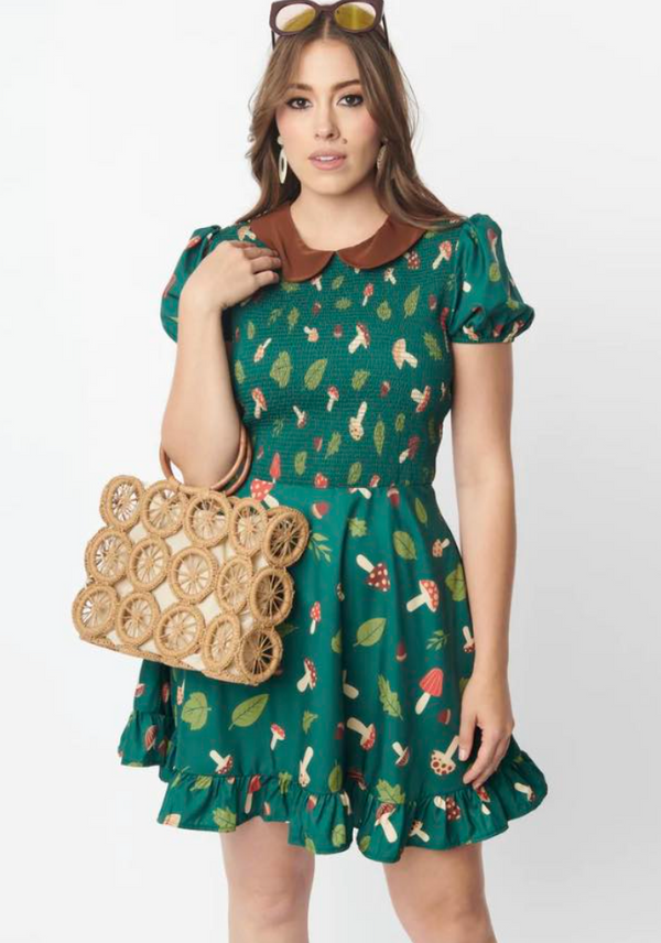 Robe verte et brune avec champignons* seconde main - Smak Parlour- La Penderie du Paradis