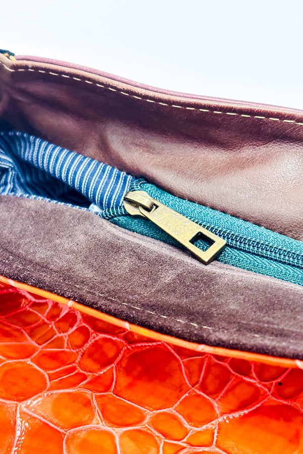 Sac à main en cuir orange et bourgogne à rabat blanc* seconde main - Ebarrito- La Penderie du Paradis