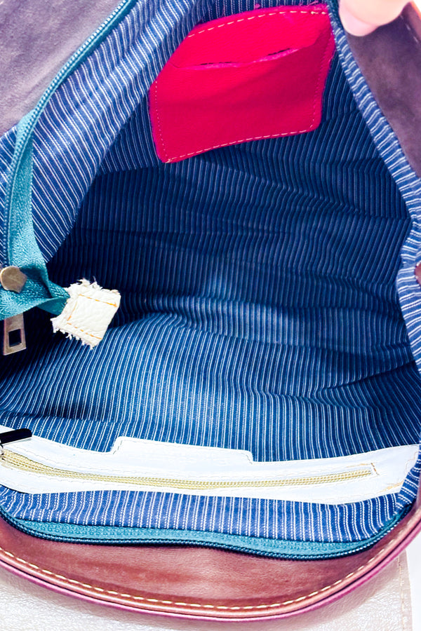 Sac à main en cuir orange et bourgogne à rabat blanc* seconde main - Ebarrito- La Penderie du Paradis