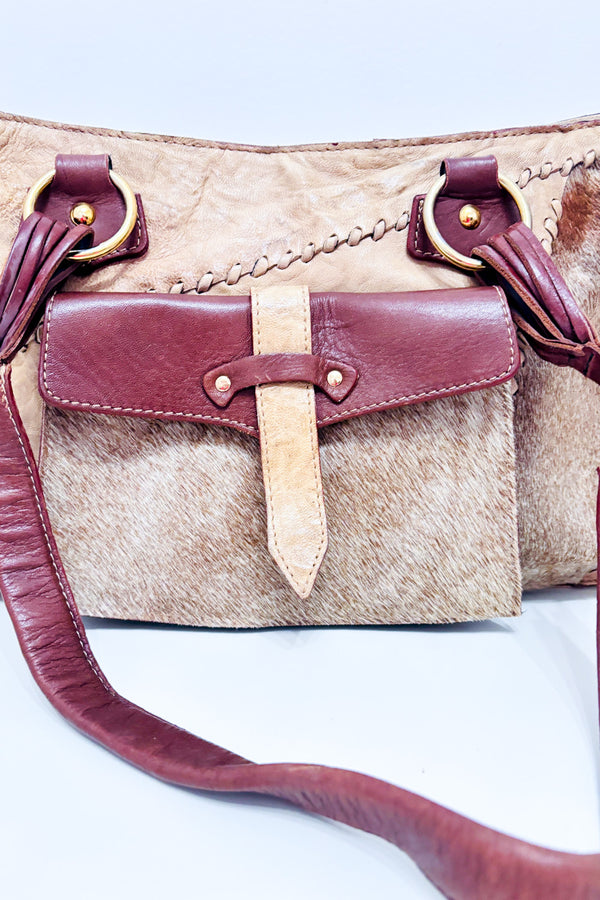 Sac à main beige en cuir et fourrure seconde main - Nardelli- La Penderie du Paradis