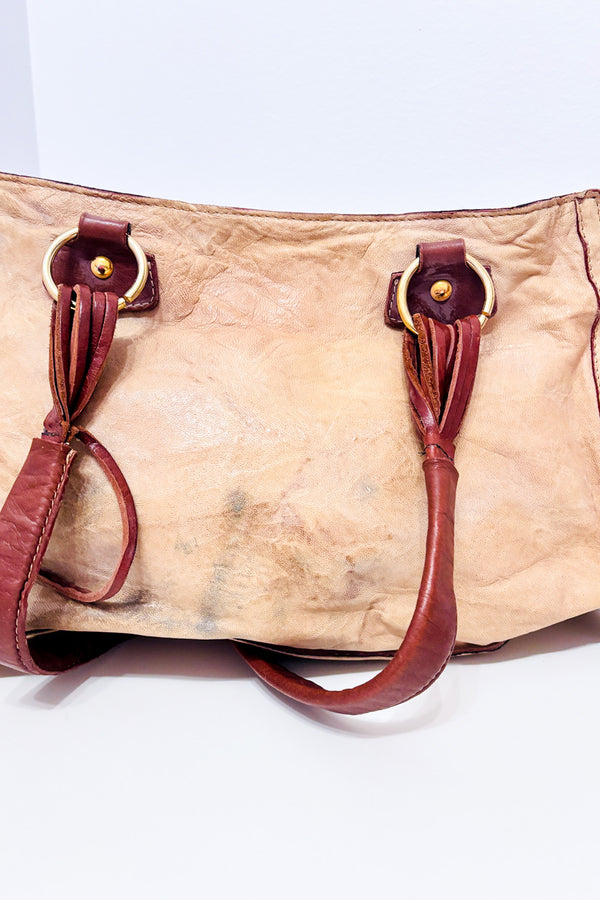 Sac à main beige en cuir et fourrure seconde main - Nardelli- La Penderie du Paradis