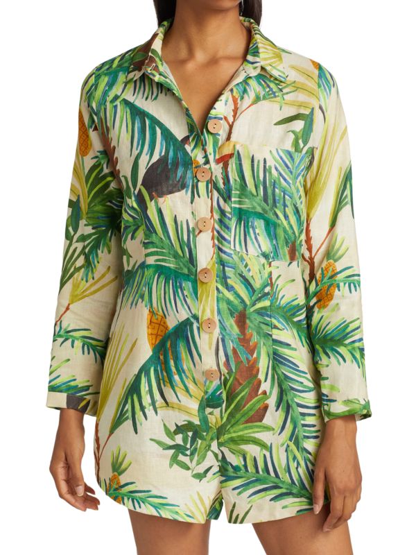 Romper Toucan Paradise beige et vert en lin (s)*-Farm Rio-La Penderie du Paradis 🕊