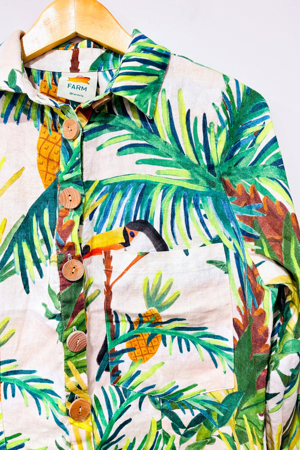 Romper Toucan Paradise beige et vert en lin (s)*-Farm Rio-La Penderie du Paradis 🕊