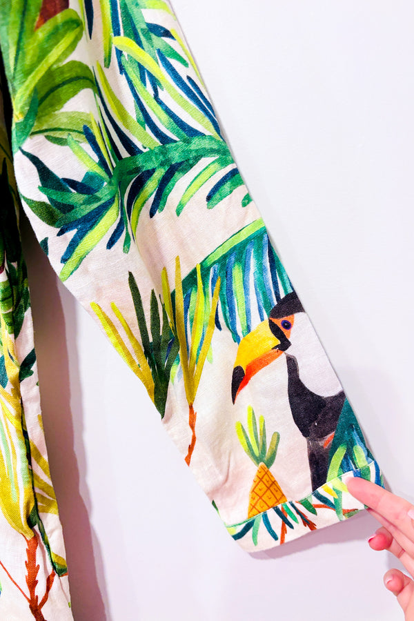 Romper Toucan Paradise beige et vert en lin (s)*-Farm Rio-La Penderie du Paradis 🕊