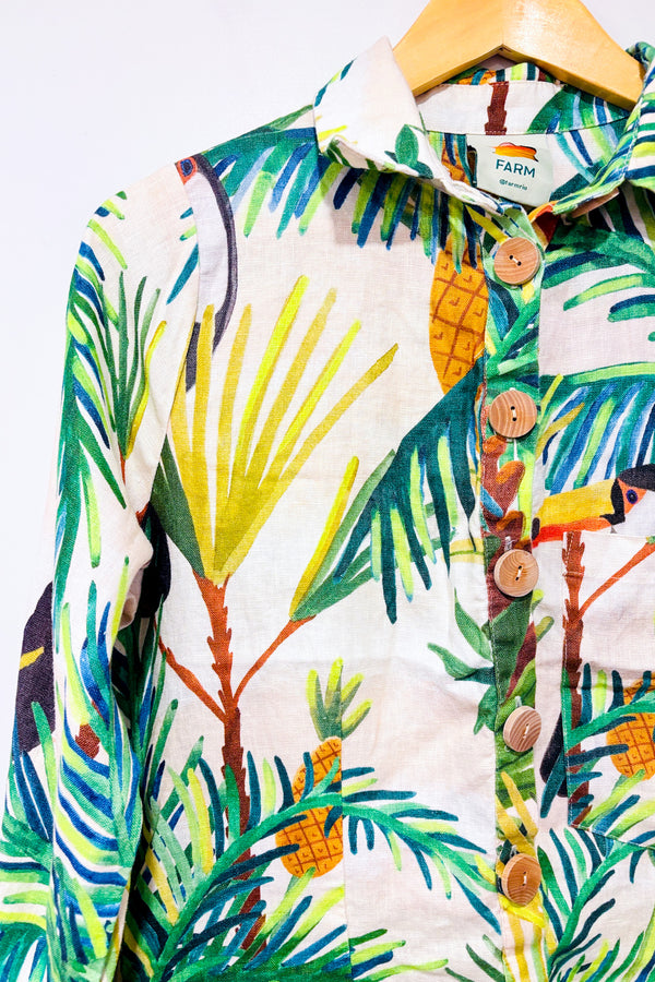 Romper Toucan Paradise beige et vert en lin (s)*-Farm Rio-La Penderie du Paradis 🕊