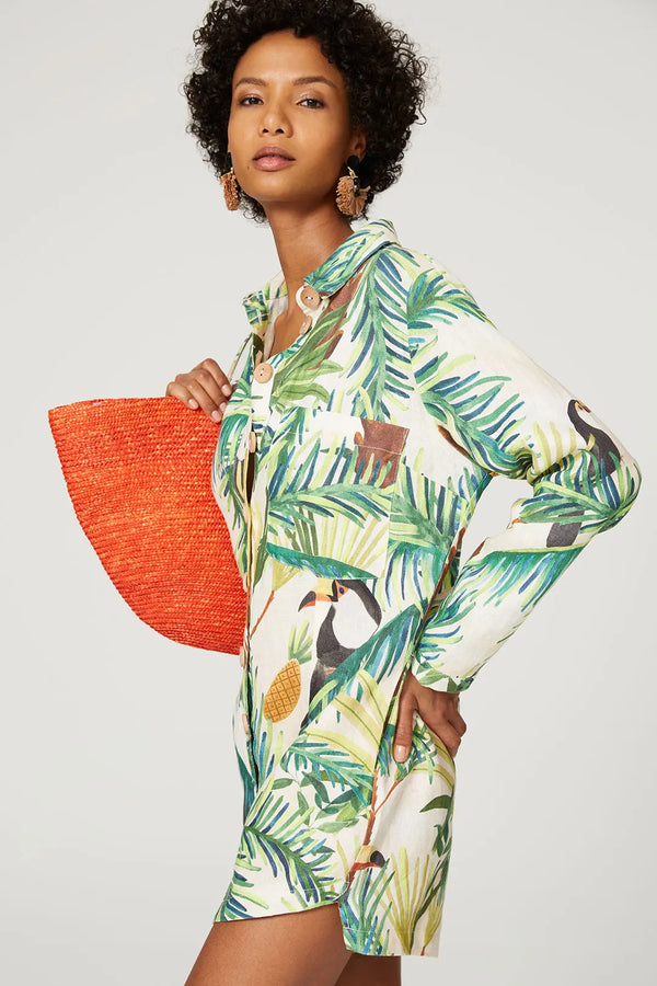 Romper Toucan Paradise beige et vert en lin (s)*-Farm Rio-La Penderie du Paradis 🕊