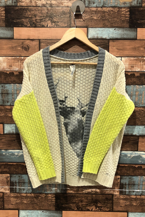 Veste ouverte en tricot beige et vert néon avec orignal au dos (s) seconde main Endless Maze   