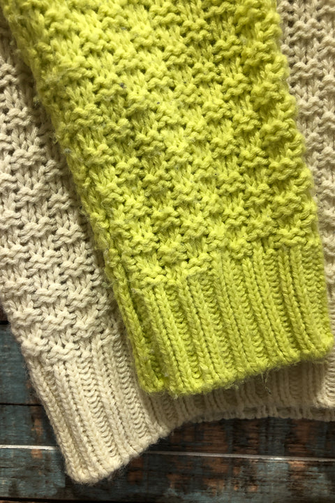 Veste ouverte en tricot beige et vert néon avec orignal au dos (s) seconde main Endless Maze   