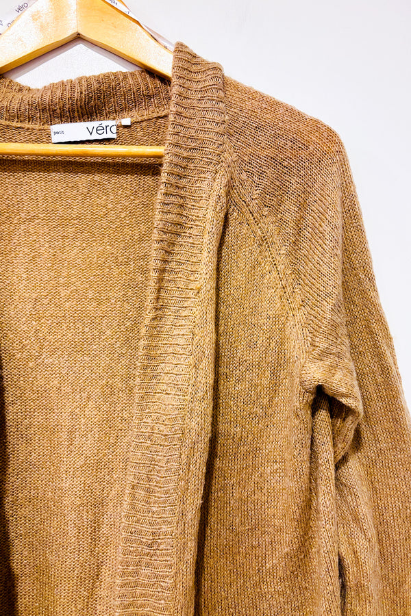 Cardigan ouvert taupe en tricot seconde main - Véro Collection- La Penderie du Paradis