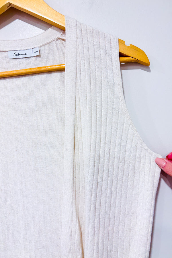 Cardigan sans manche ouvert beige côtelé seconde main - Reitmans- La Penderie du Paradis