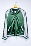 Veste bomber satinée verte et crème brodée ''fly away''* seconde main - Forever21- La Penderie du Paradis