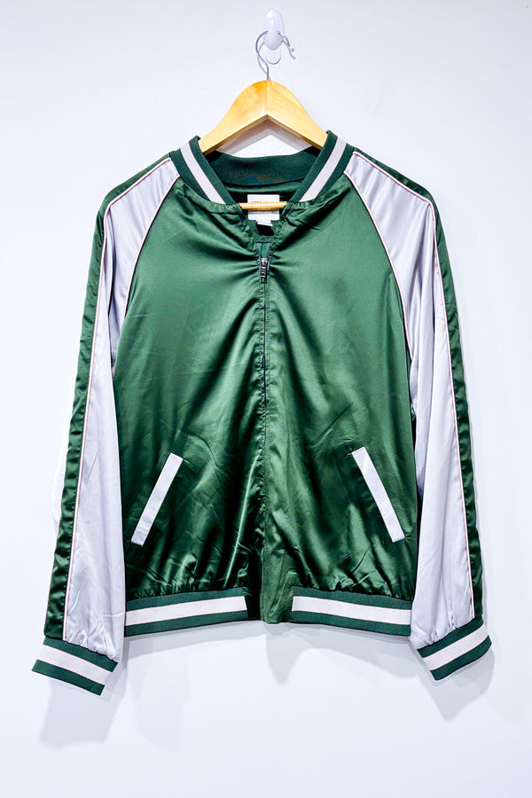 Veste bomber satinée verte et crème brodée ''fly away''* seconde main - Forever21- La Penderie du Paradis